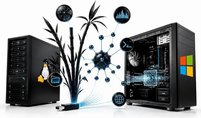 Dois servidores com ícone do pinguim do Linux, pendrive e ilustração de rede e dados no fundo branco.