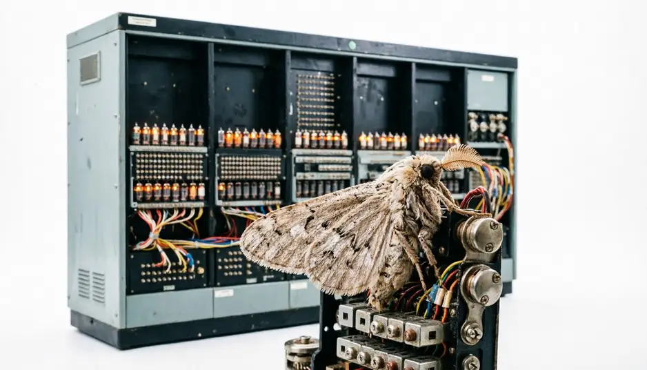 Mariposa pousada em um computador antigo com cabos e placas expostos.