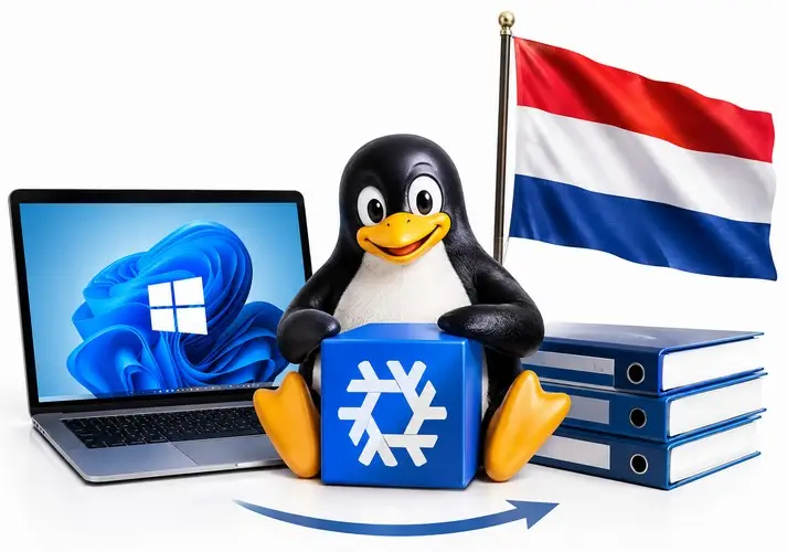 Pinguim do Linux (Tux) ao lado de laptop com Windows e bandeira da Holanda, com pastas azuis.