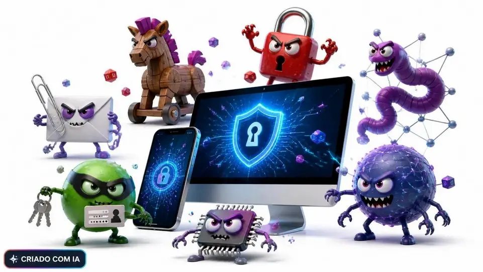 Personagens 3D de vírus e segurança de computador ao redor de um computador com cadeado na tela.