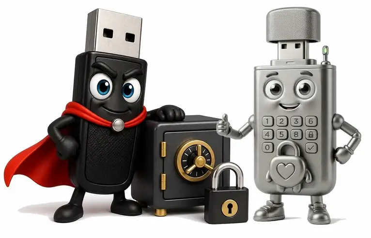 Dois robôs mascotes com cadeado e teclado numérico, ao lado de um dispositivo tipo pendrive de segurança.