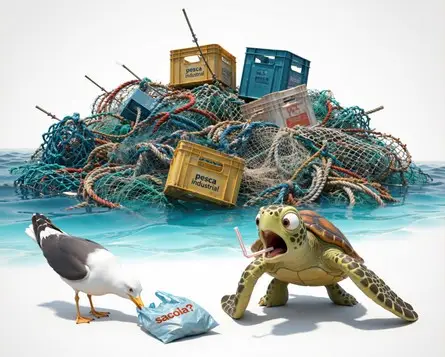 Tartaruga marinha e gaivotas ao lado de redes e boias de pesca e sacos plásticos no mar.