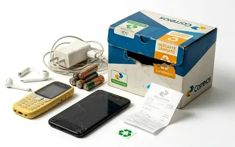 Caixa dos Correios para descarte gratuito de eletrônicos com celular, calculadora, pilhas e carregador.