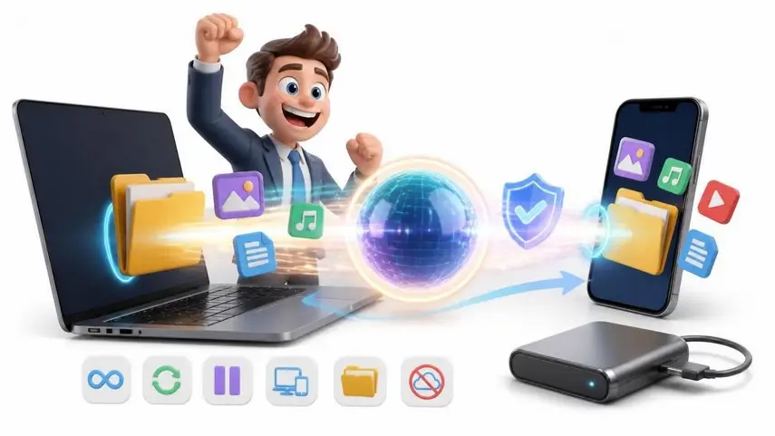 Ilustração de um personagem sorridente mostrando transferência de arquivos entre um notebook e um celular.
