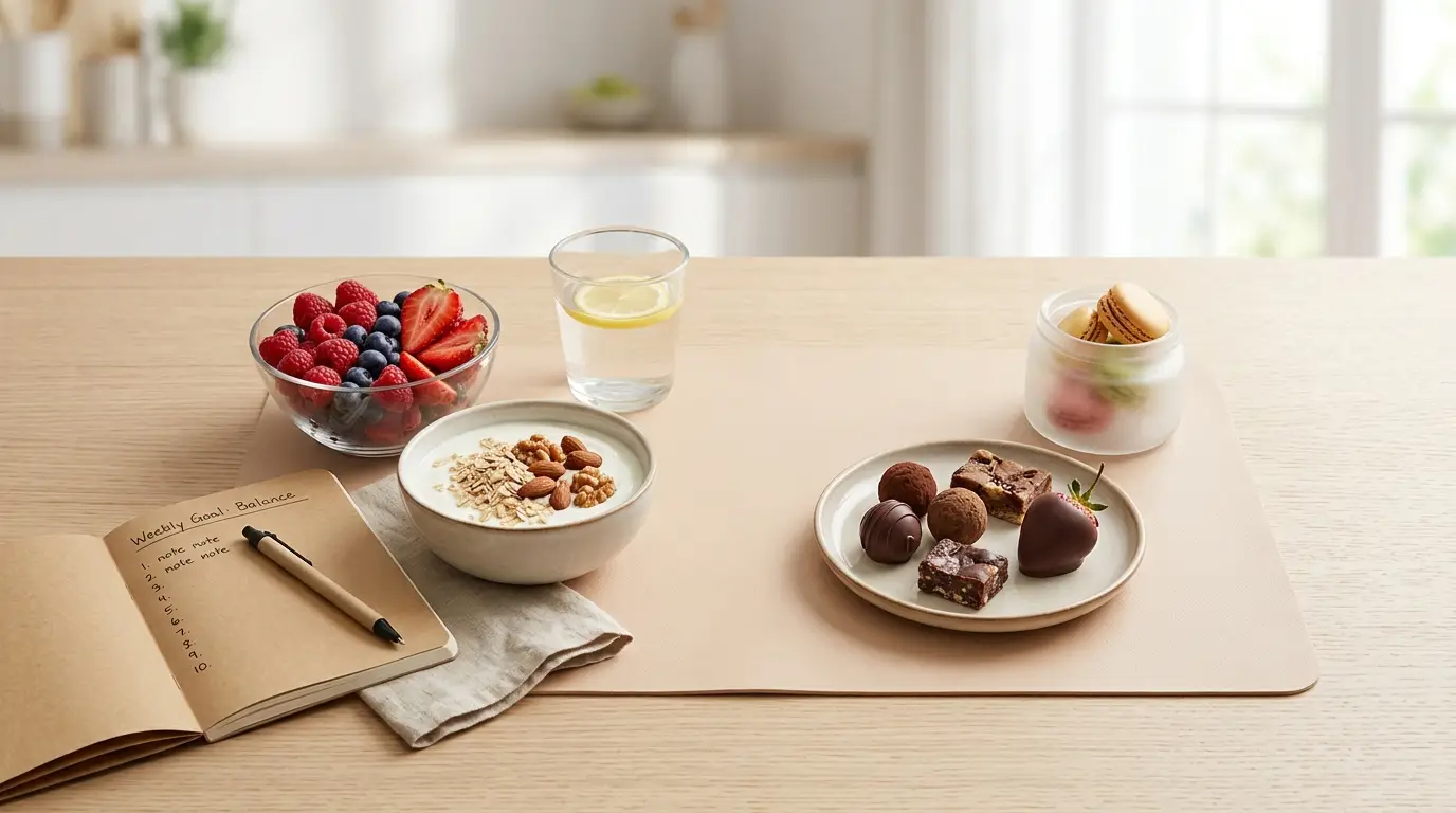 Mesa com tigelas de frutas e aveia, copo de bebida e prato com doces, ao lado de caderno aberto.