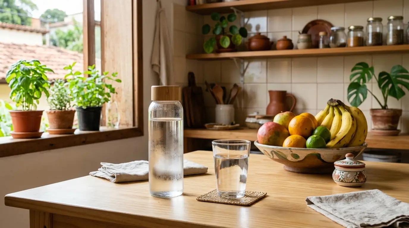 Garrafa e copo com água sobre uma mesa em uma cozinha, ao lado de uma tigela com frutas.