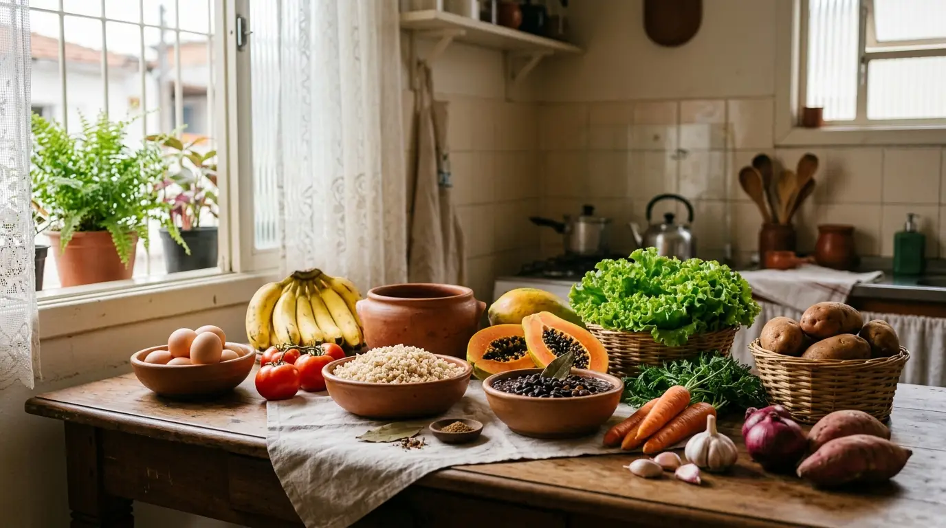 Bancada de cozinha com frutas e verduras, como ovos, alface, batatas, cenoura, alho e cebola.