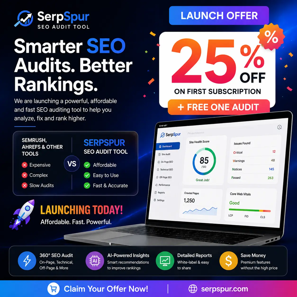 SerpSpur anuncia uma oferta de 25% off e um audit grátis, com um painel de SEO no notebook.